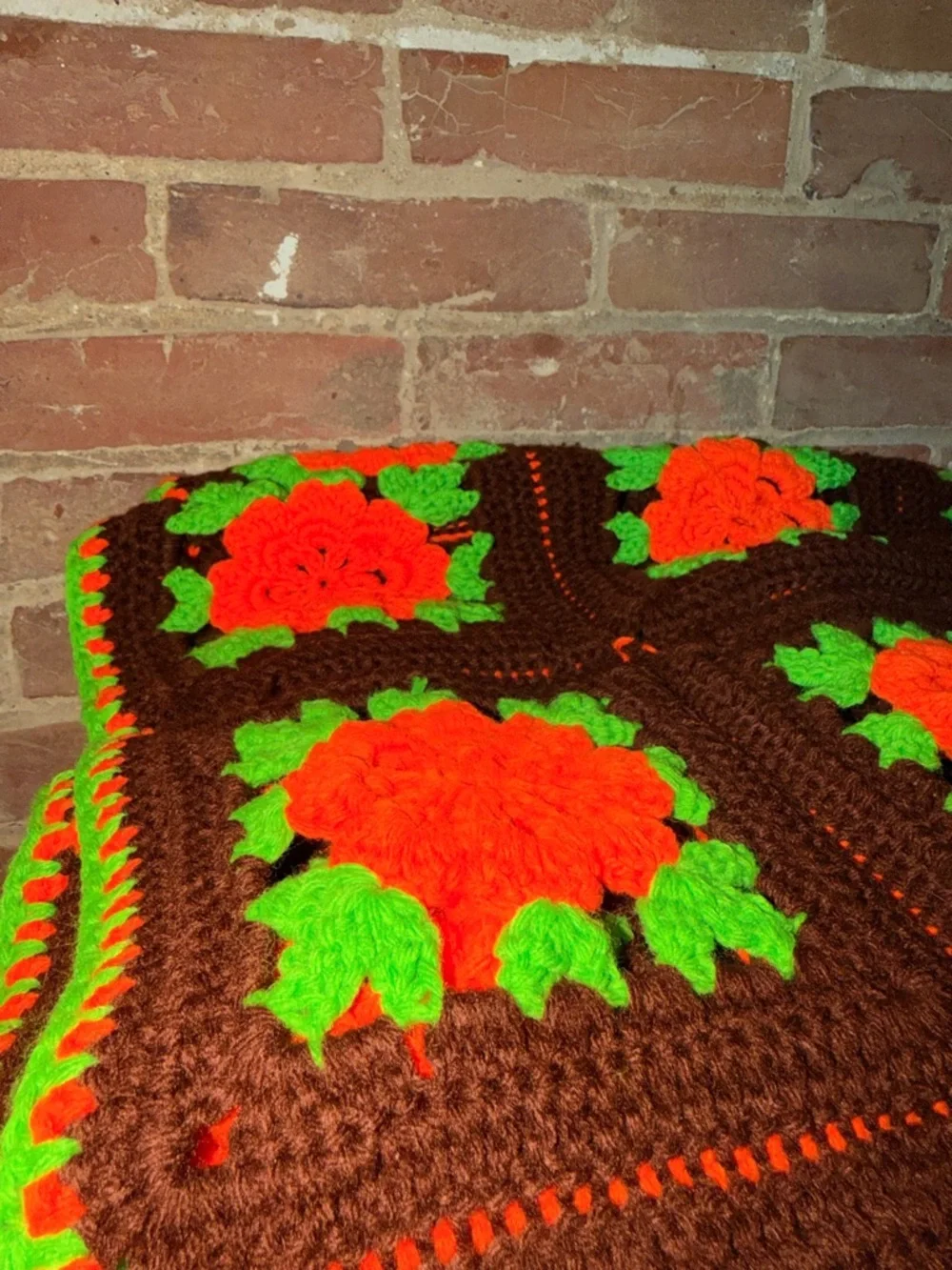 Vintage Handmade Crochet Granny Square Blanket with Orange Flowers
